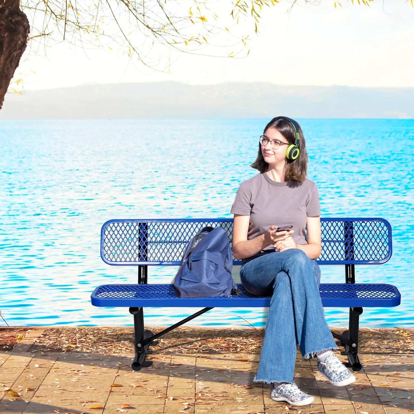 Heavy-Duty Park Bench or Table for Outside - Black Coated Outdoor Furniture Steel Bench, Commercial-Grade Outdoor Benches Weatherproof for Park, Patio, Porch (Blue, 6FT (with Backrest))