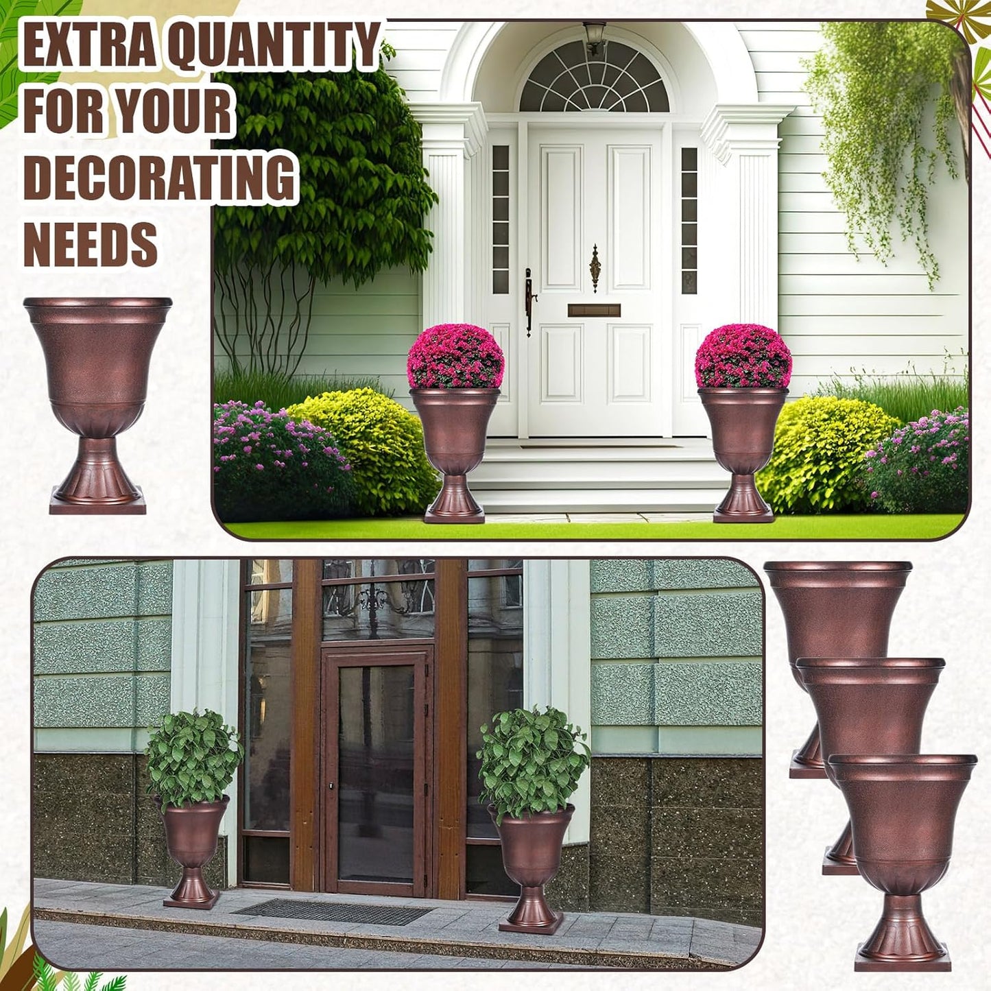Dandat 4 Pack Large Outdoor Urn Planter 22 inch Tall Plastic Planter for Front Proch Classic Vase Decorative Garden Pot for Indoor Outdoor Door Patio Deck Decor (Vintage Copper)