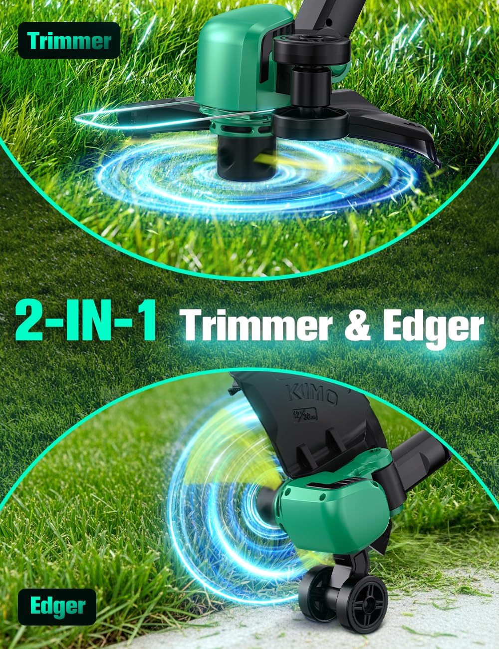 KIMO Cordless Weed Wacker Battery Operated w/ 2 x 2.0Ah Batteries, 2-in-1 String Trimmer & Edger with Charger & Wheels, 10Pcs Cutting Lines, 12" Dual-Sided Cutting Line, 20V Weed Trimmer for Lawn Yard