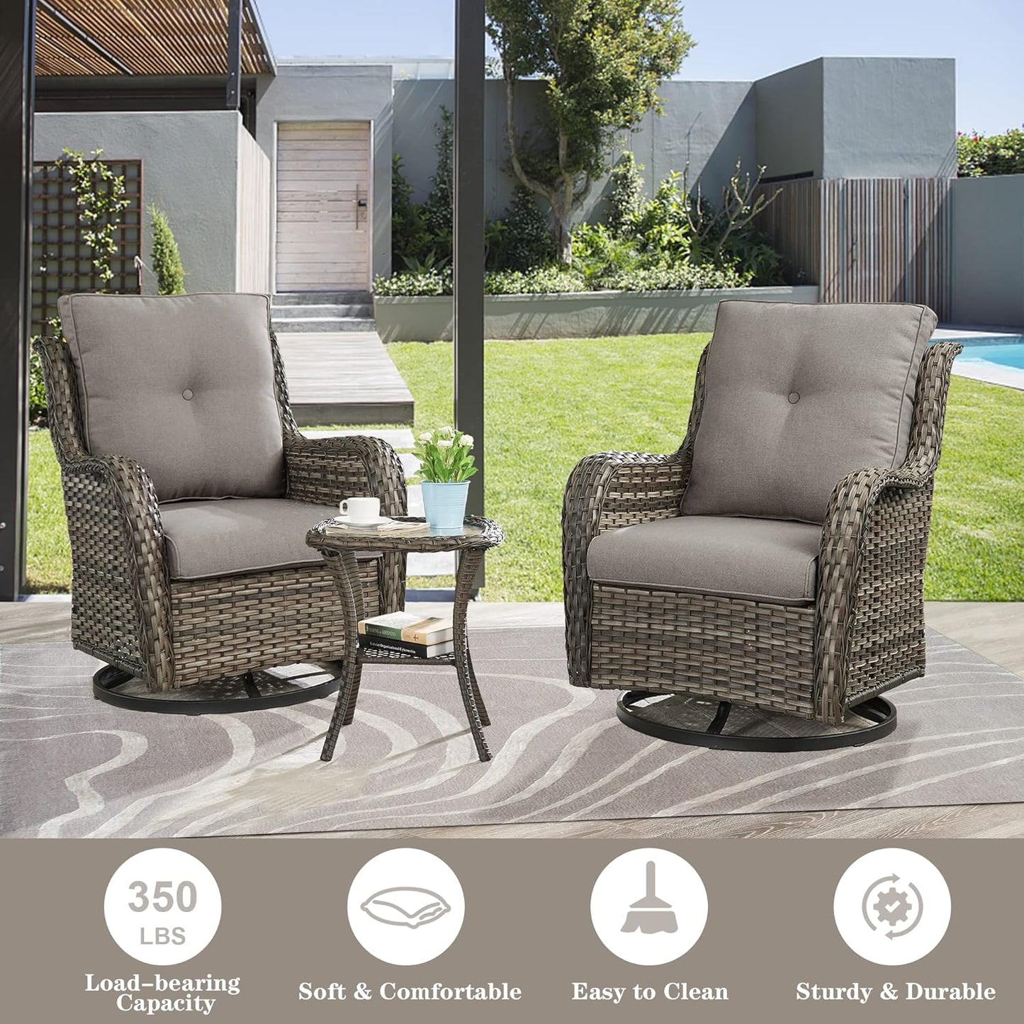 5 Pieces Patio Furniture Sets Wicker Outdoor Furniture, Rattan Patio Swivel Glider Chairs with 2 Ottoman and Glass Side Table
