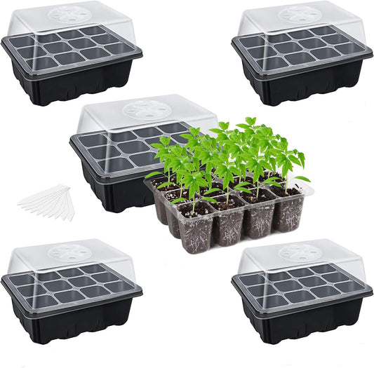Bonviee 5-Pack Seed Starter Tray Seedling Kits,Plant Starter Kit with Adjustable Humidity Dome and Base Indoor Greenhouse Mini Propagator for Seeds Growing Starting (12 Cells per Tray,Black)
