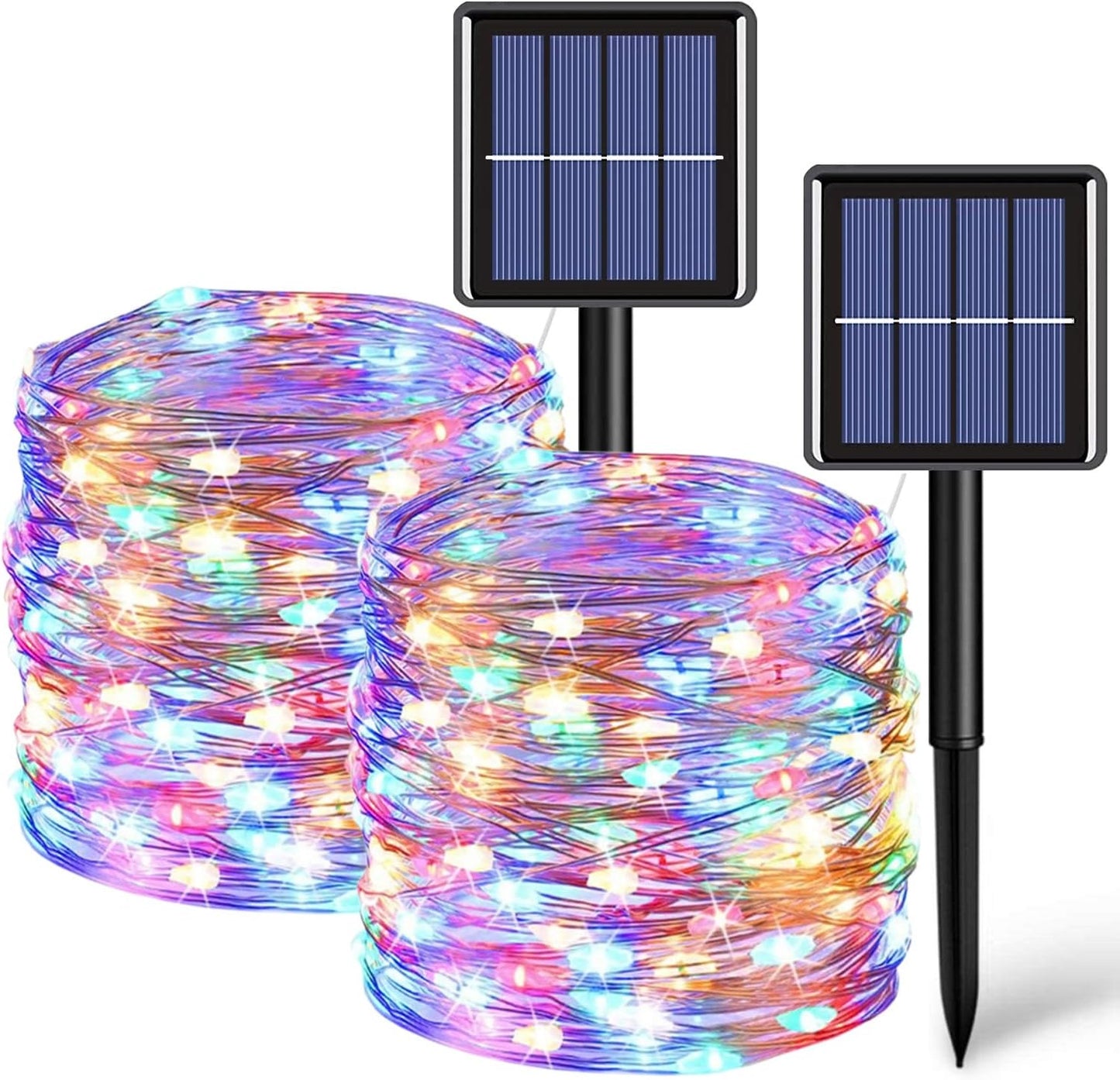 QITONG 2 Pack Multicolor Solar Christmas Lights, Each 66ft 200 LED Solar Fairy Lights Outdoor Waterproof, 8 Modes Silver Wire Solar Mini Twinkle Lights