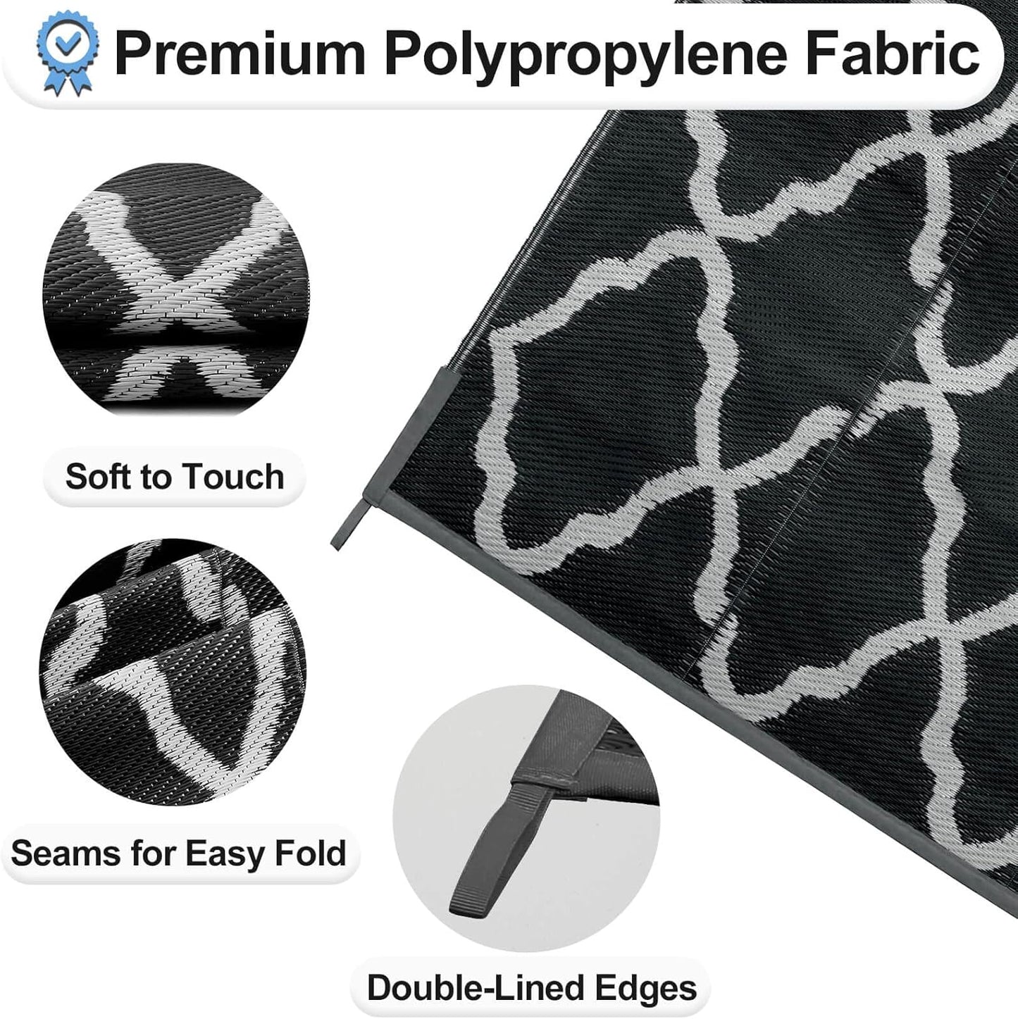 OutdoorLines Outdoor Plastic Area Rugs for Patio 6x9 ft - Reversible Outside Carpet, Stain & UV Resistant RV Mats, Straw Rug for Camping, Deck Garden, Porch and Balcony, Moroccan Black & Light Grey