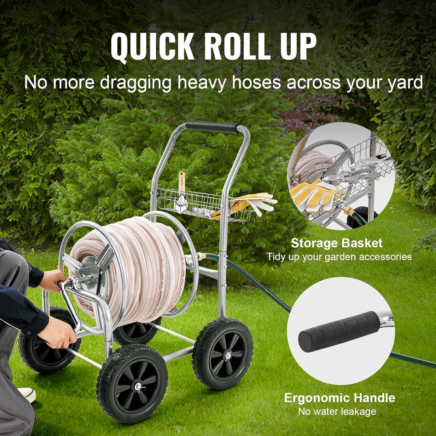 VEVOR Hose Reel Cart, Hold Up to 300 ft of 5/8’’ Hose, Garden Water Hose Carts Mobile Tools with 4 Wheels, Heavy Duty Powder-Coated Steel Outdoor Planting with Storage Basket, for Garden, Yard, Lawn