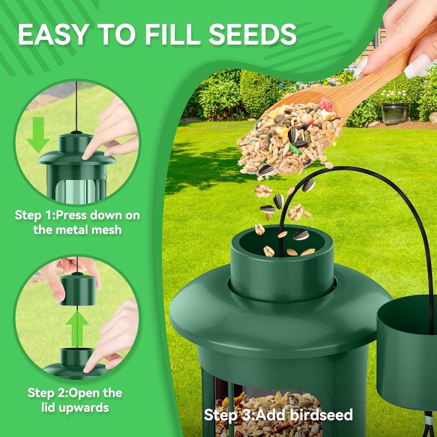 Squirrel Proof Bird Feeders for Outdoors Hanging, Metal Squirrel Proof Bird Feeder with Gravity Protection, 3LB Large Capacity Wild Bird Feeders for Outside Finch, Cardinal, Blue Jay (Green)