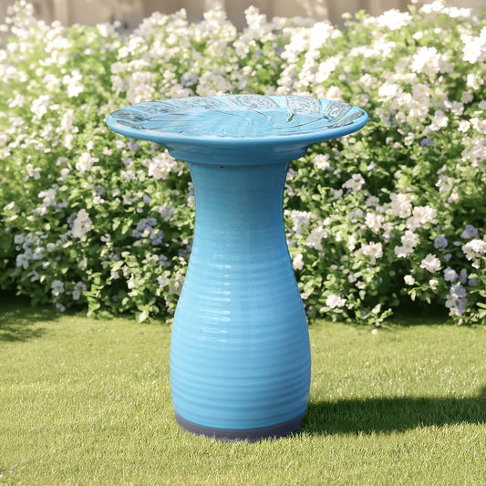 LuxenHome 20 Inch Ceramic Bird Bath for Outside, Elegant Tall Outdoor Bird Bath, Lightweight Pedestal Glazed Birdbaths for Outdoors with Leaf Pattern, Sky Blue