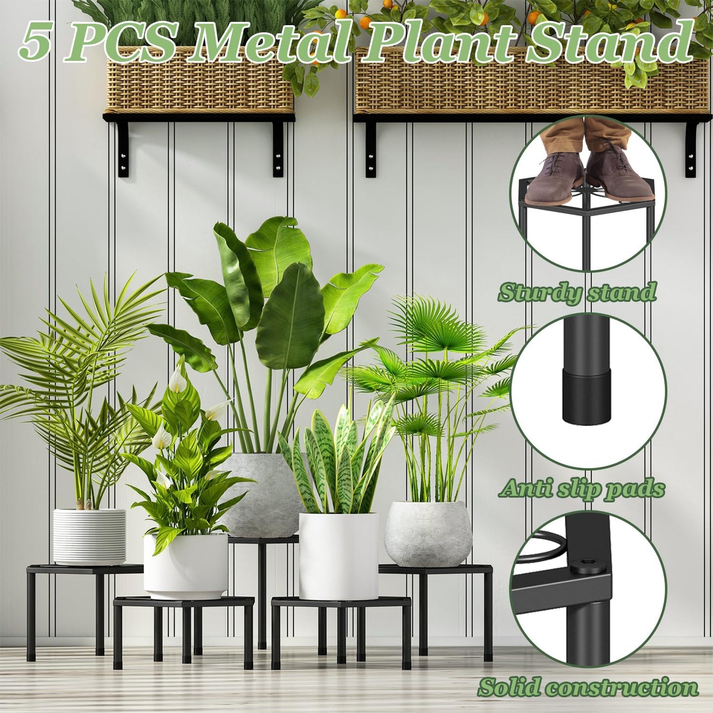 Small Metal Plant Stand indoor - 5 Pack Black Short Flower Pot Stand, Heavy Duty Anti-Rust Iron Shelf for Outdoor Home Patio Garden