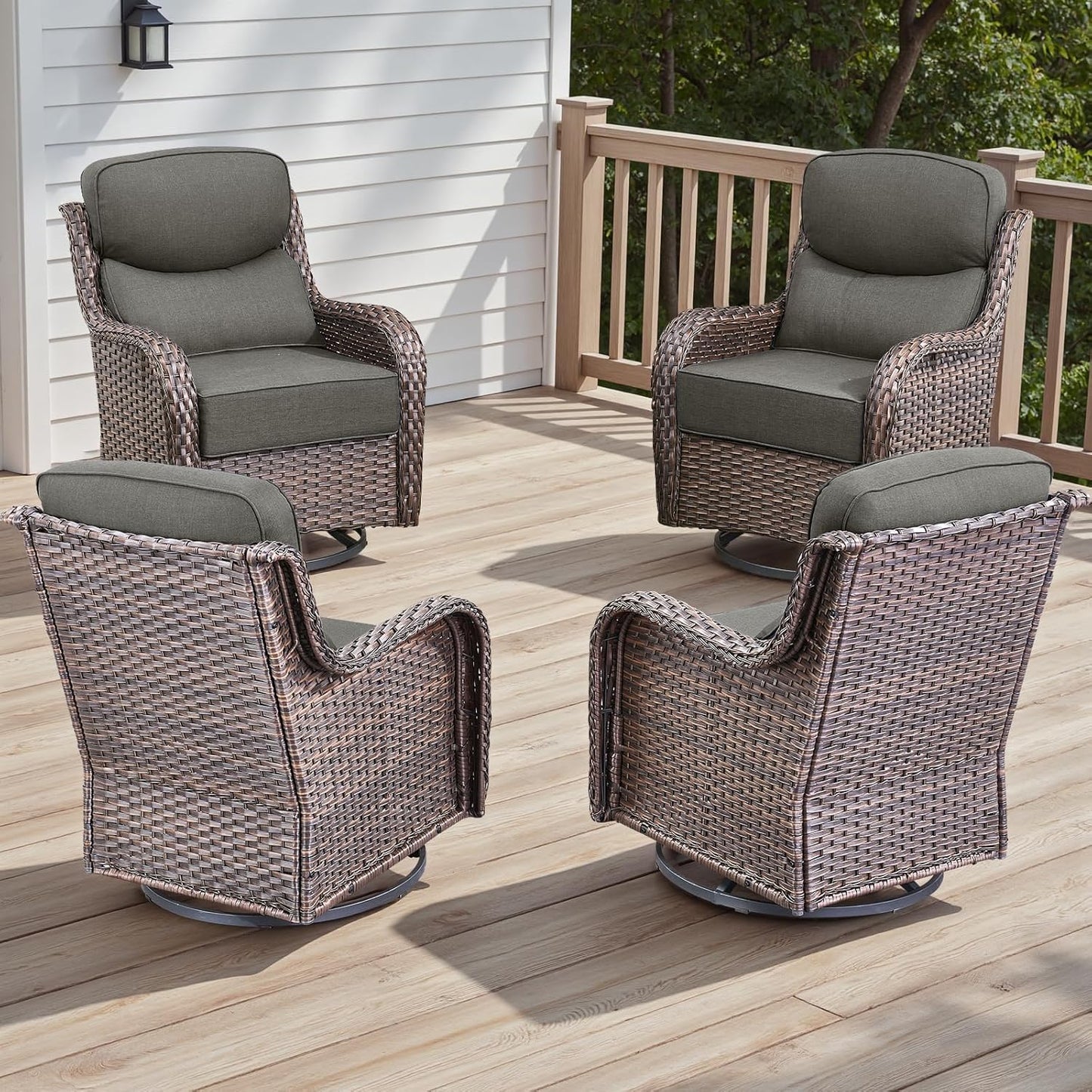 4 Piece Outdoor Patio Swivel Rocker Chairs, Waterproof Wicker, High Back, Deep Seating, Wide Armrest, Upgraded 6 inch Thick Cushions, Ideal for Deck Porch Backyard, Brown/Grey