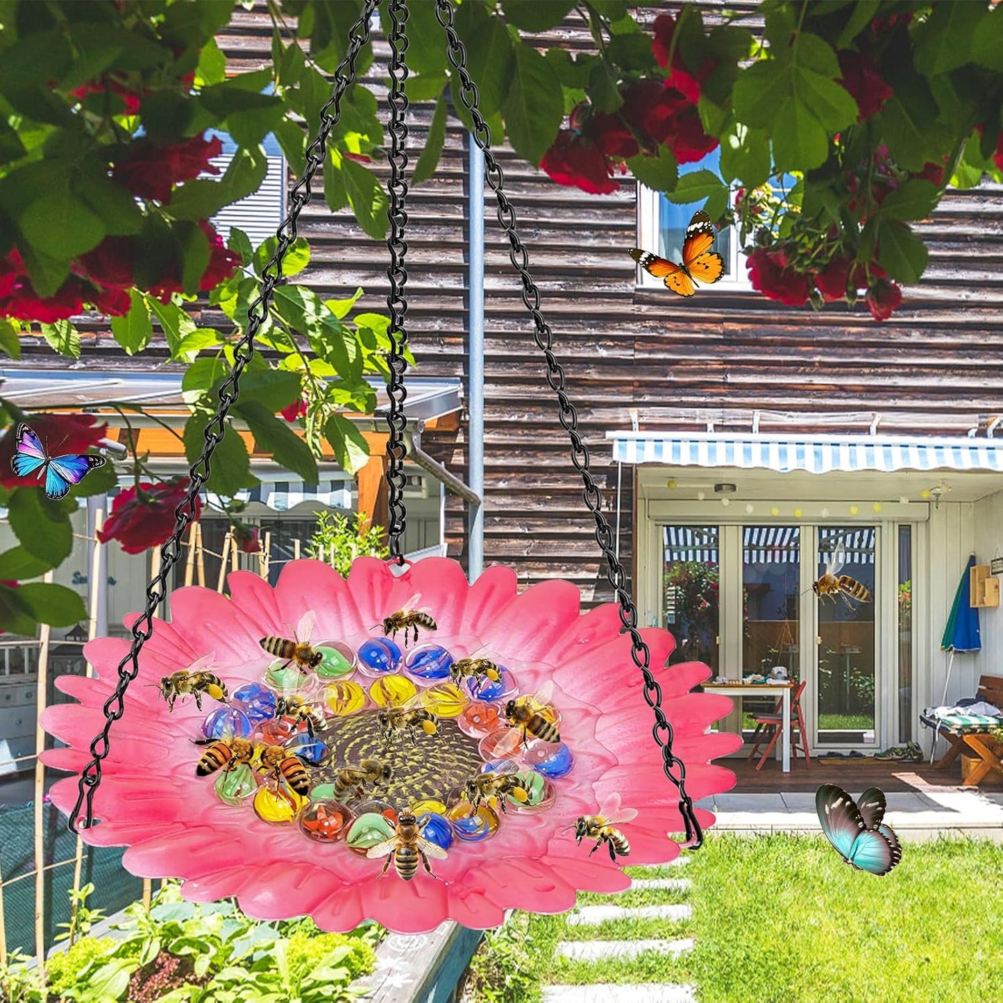 Bee Watering Station for Garden, Bee Bath Feeders for Outside with Vivid Flower Design, Hanging Butterfly Bath Bowl with Glass Balls for Outdoor Courtyard Decoration (1Pcs-Pink)