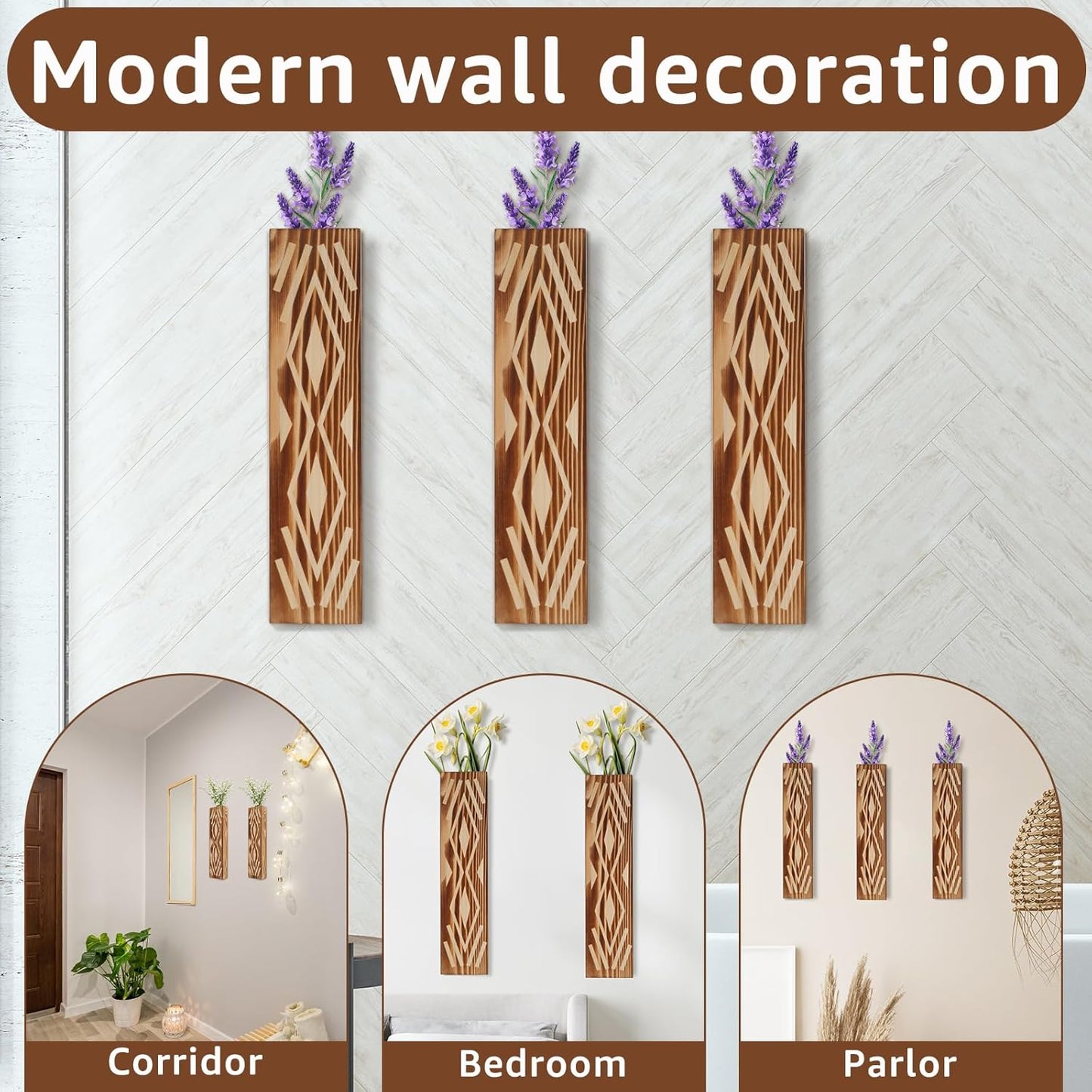 3PCS Wood Wall Planter for Indoor Plants, Wall Planter Vase, Stylish Wood Hanging Vase, Decorative Wood Wall Pocket Vase, Rectangular Hanging Planter for Living Room Bedroom Office(Brown)