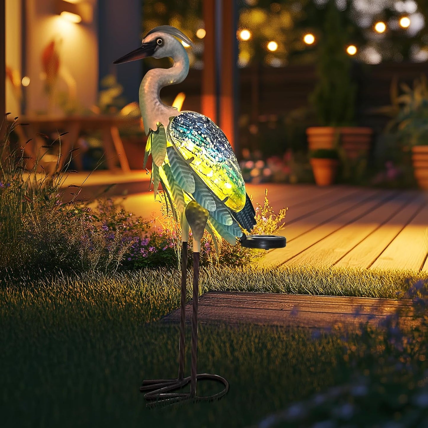 HONGLAND Solar Heron Metal Crane Statue Garden Heron Sculpture, Glass Outdoor Crane Yard Art Coastal Ocean Bird Decor 24 Inch Lawn Ornament for Backyard Porch Patio Decor（Green）