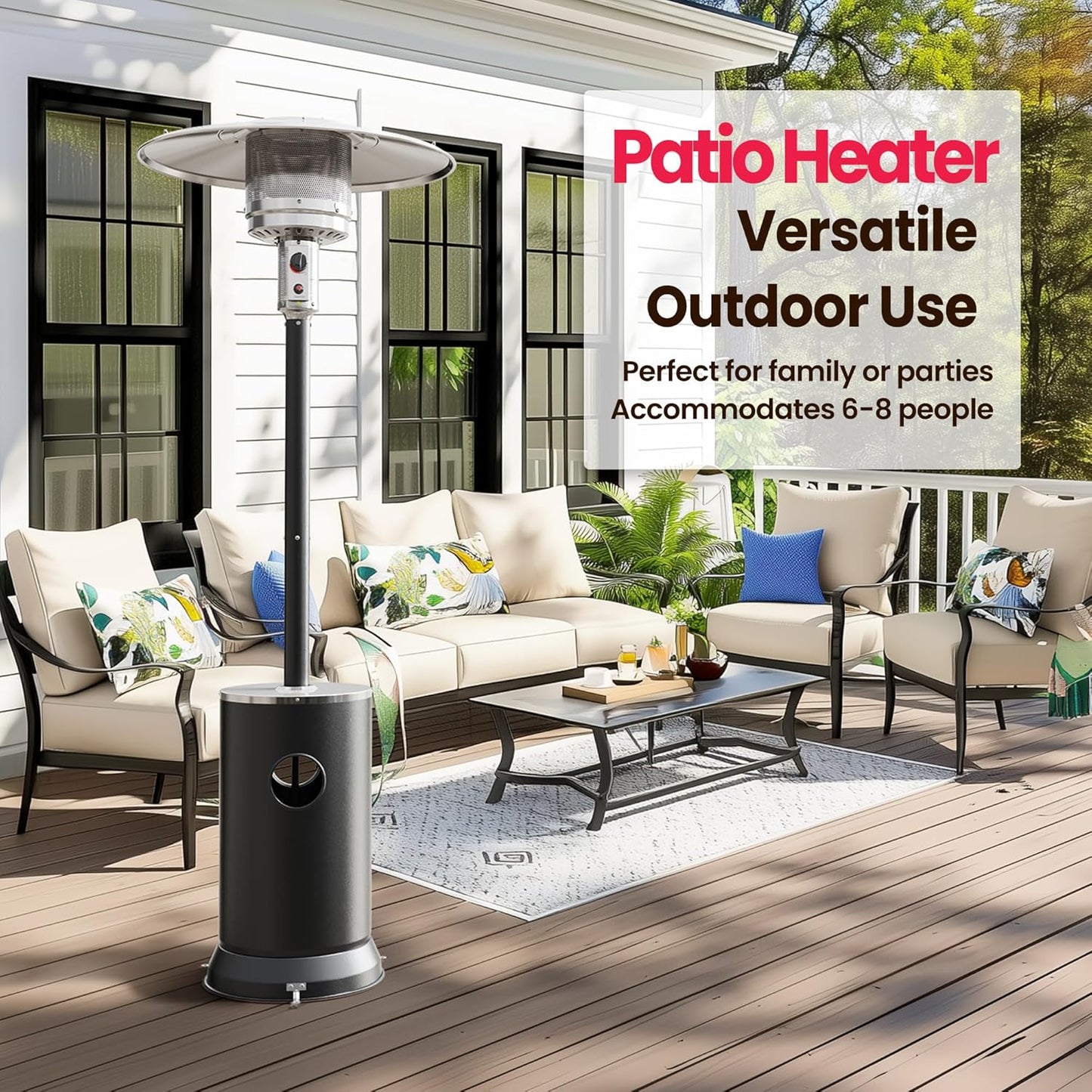 PAMAPIC 48000 BTU Patio Heater with high-strength waterproof cover, Propane Heater for Outdoor Use 2 in 1 Table Design, Double-Layer Stainless Steel Burner,Residential, Gray (Black)