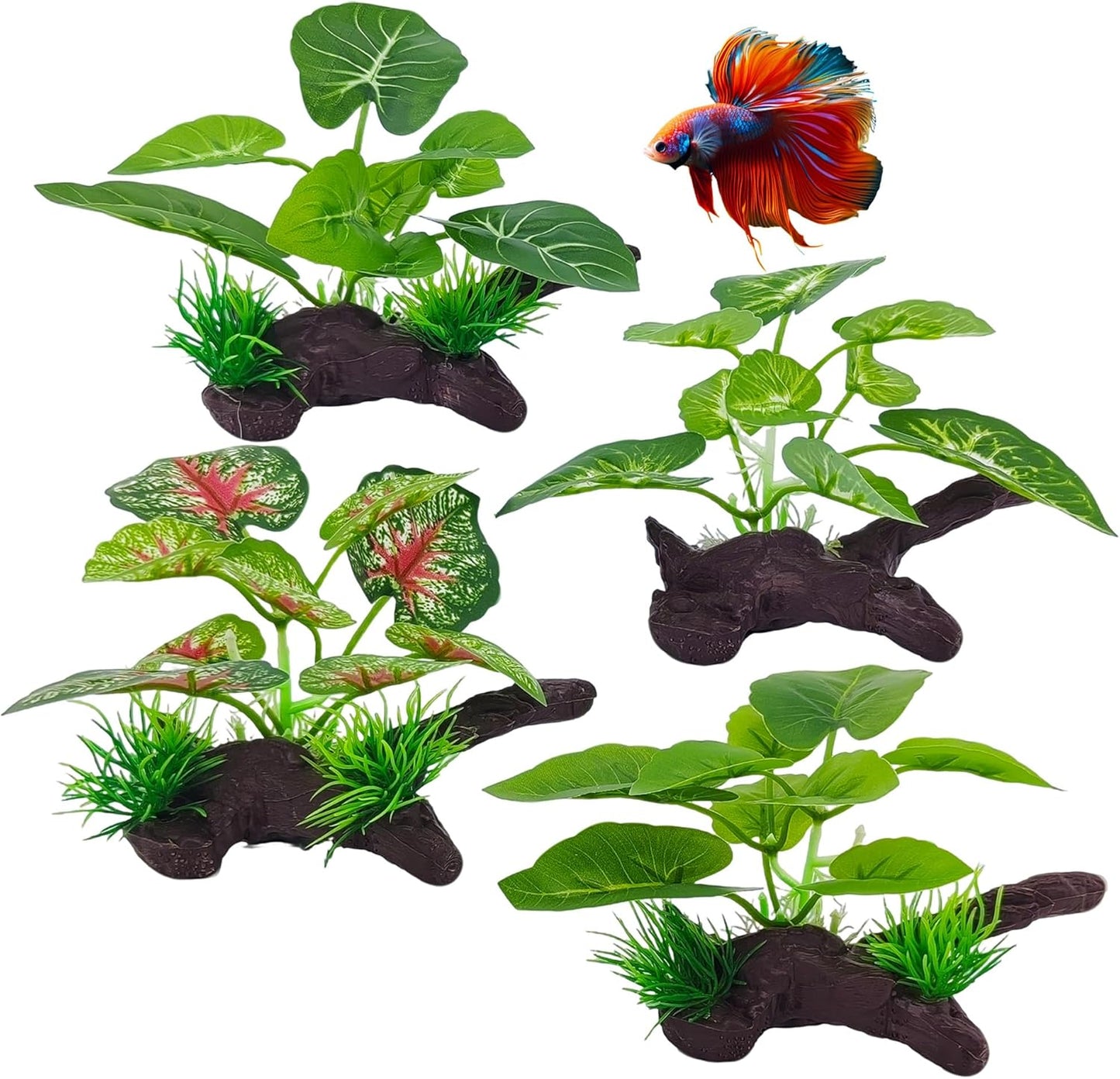 Silk Aquarium Plants for Fish Tank, Betta Fish Decor, Plastic & Fake Plants Realistic for Reptile Terrarium, Turtle, Leopard Gecko & Ball Python Habitat, Silk Plants for Betta Fish Tank