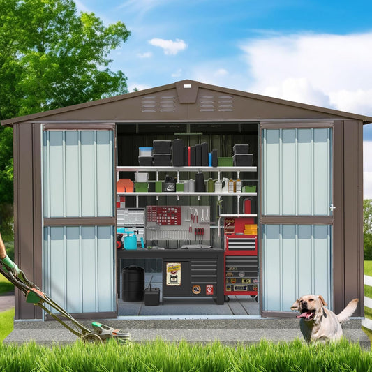 Domi Outdoor Storage Shed 10' x 8’, Metal Garden Shed with Galvanized Steel Frame for Bike, Tools, Lawn Mowers, Pool Toys, Outdoor Storage Cabinet with Lockable Door for Garden Lawn Patio (Dark Brown)