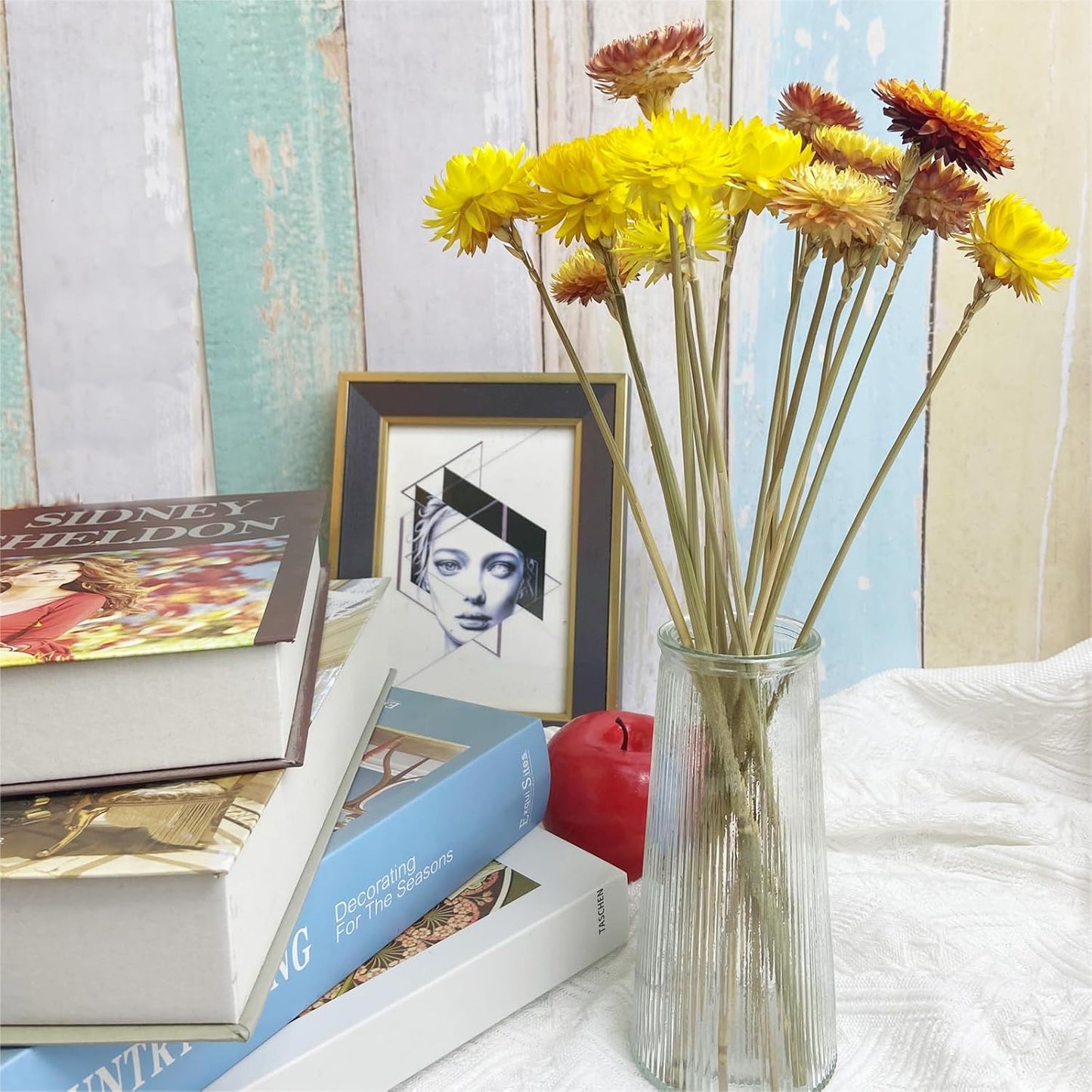 L'BREVOGA Dried Flower Bouquets,16 pcs 100% Natural Daisy Strawflower for Decoration Home Party - Yellow & Champagne