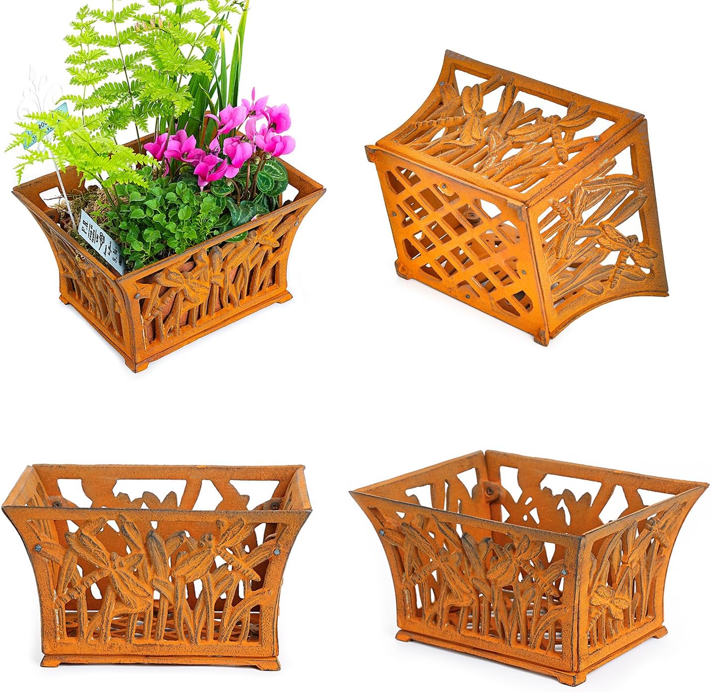 Sungmor Heavy Duty Cast Iron Planter Basket w/Non-Woven Growing Bag, Unique Shape & Beautiful Pattern Design, Hollow Orchid Flower Pot Garden Tools Holder, Full Rusted French Country Decor Container
