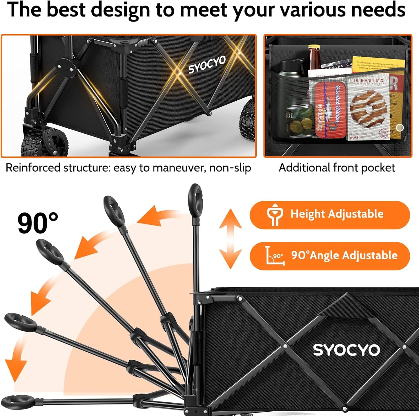 Collapsible Wagon with Big Wheels, Beach Wagons Carts Foldable with All-Terrain Wheels, Large Weight Capacity Heavy Duty Carts with Cup Holders for Camping, Garden, Sports, Grocery Black