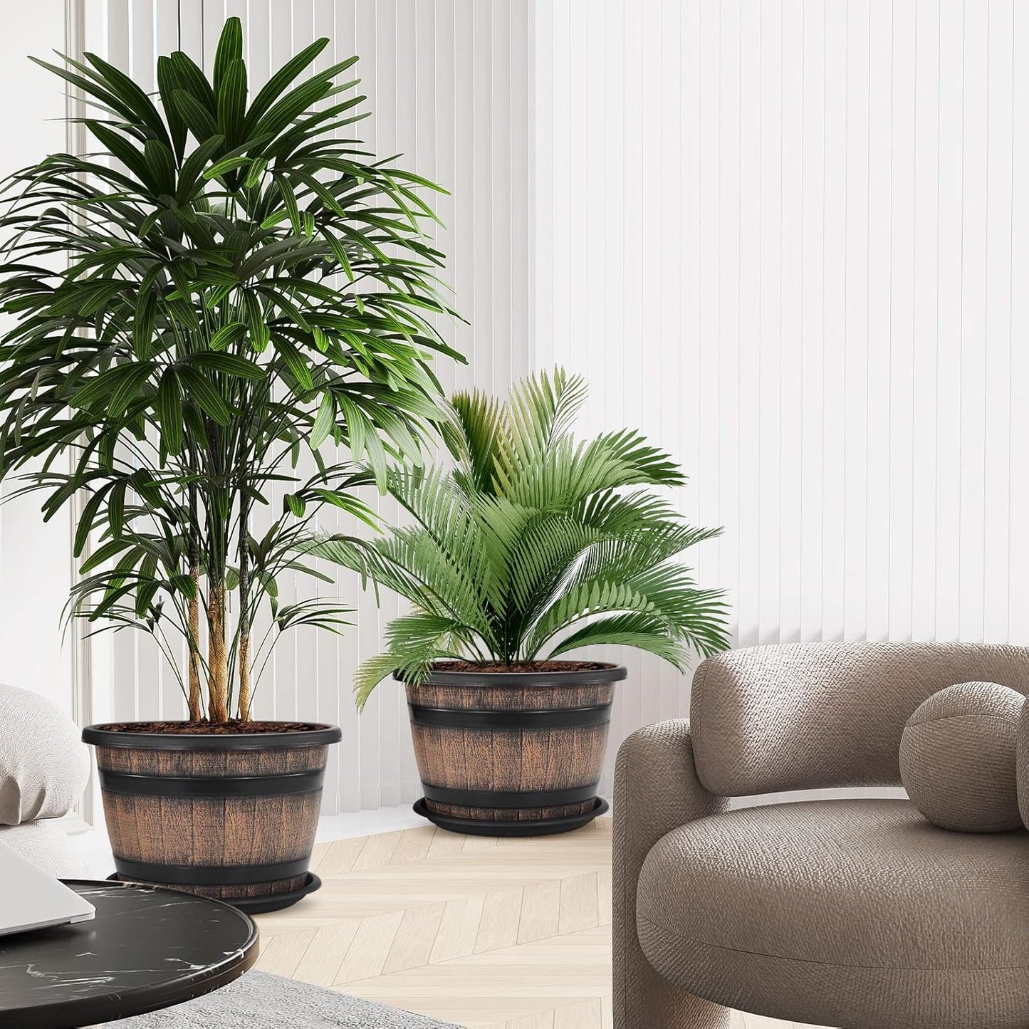 Quarut Large Plastic 4 Pack14 inch Plant Pots,Whiskey Barrel Planters with Drainage Holes & Saucer.Flower Pots Imitation Wine Barrel Design for Indoor & Outdoor Garden Balcony Plants.5 Gallons(Brown)