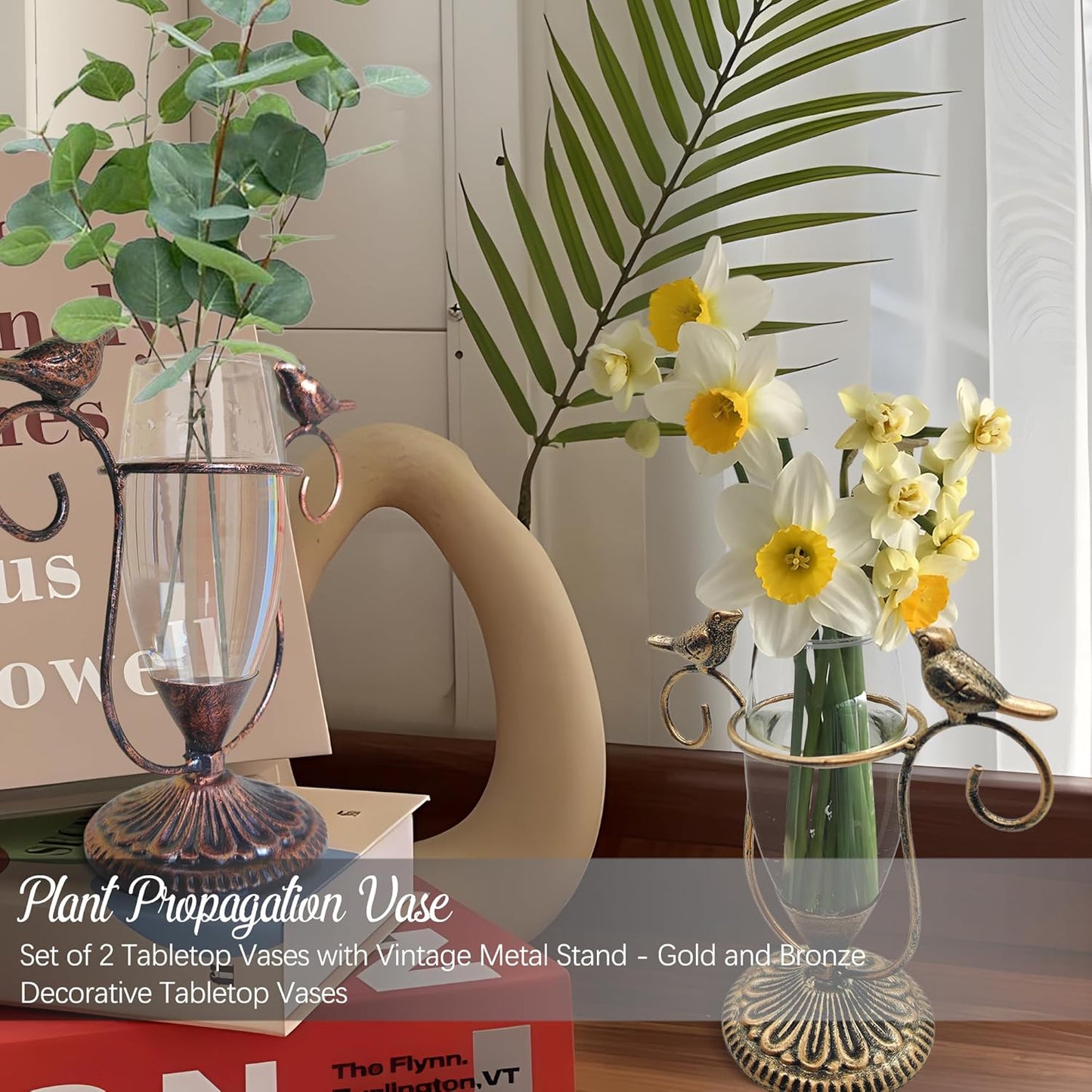 2 Pack Desktop Plant Terrarium,Bird Art Glass Propagation Vase, Propagation Planters with Vintage Metal Frame, Suitable for Decoration of Desktop Hydroponic Plants in Office and Living Room