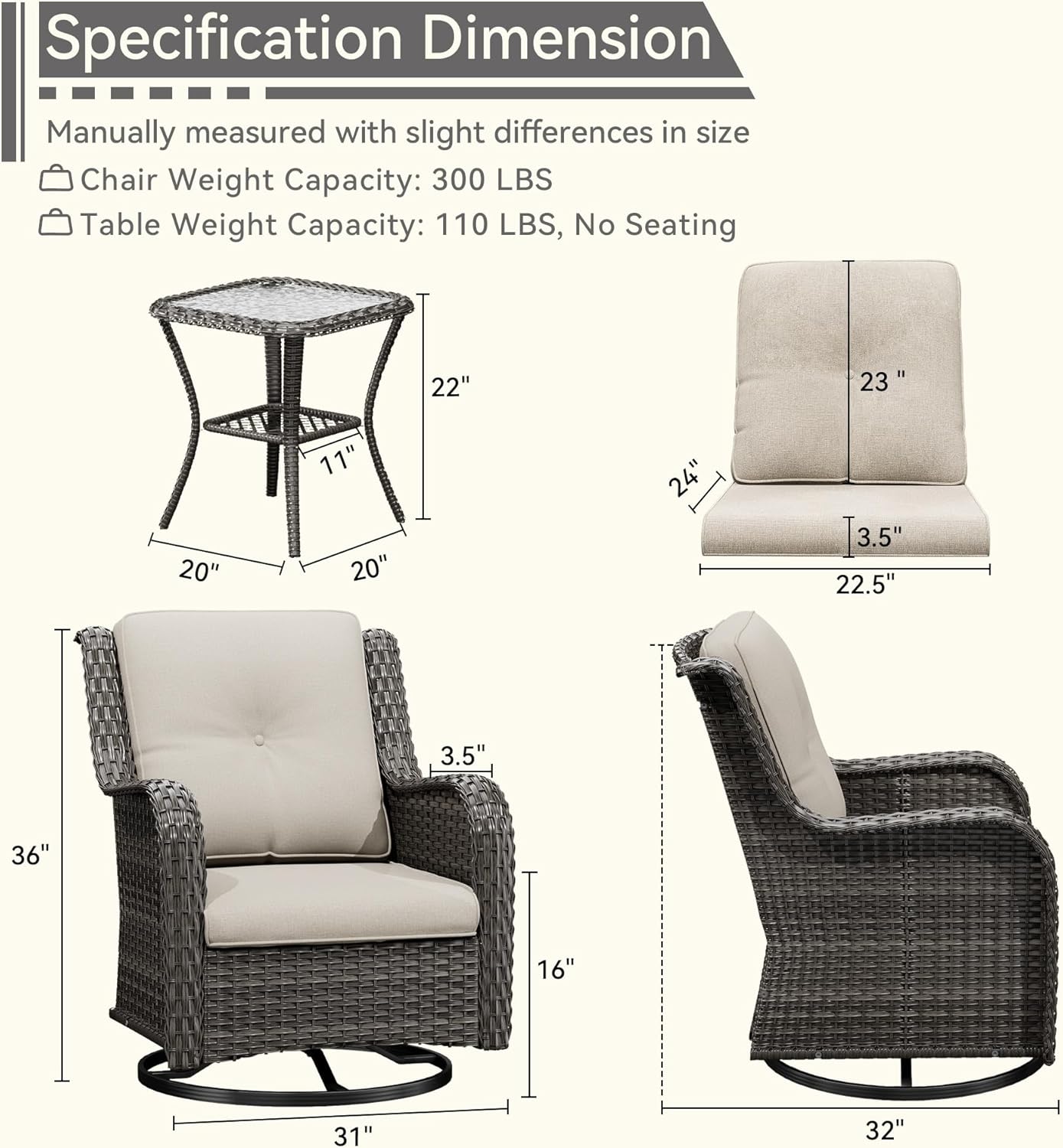 2 Pieces Outdoor Swivel Rocker Patio Chairs Set - Outdoor Wicker Patio Conversation Sets with 1 Side Table, Olefin Fabric Cushions Suitable for Backyard Deck and Porch, Beige