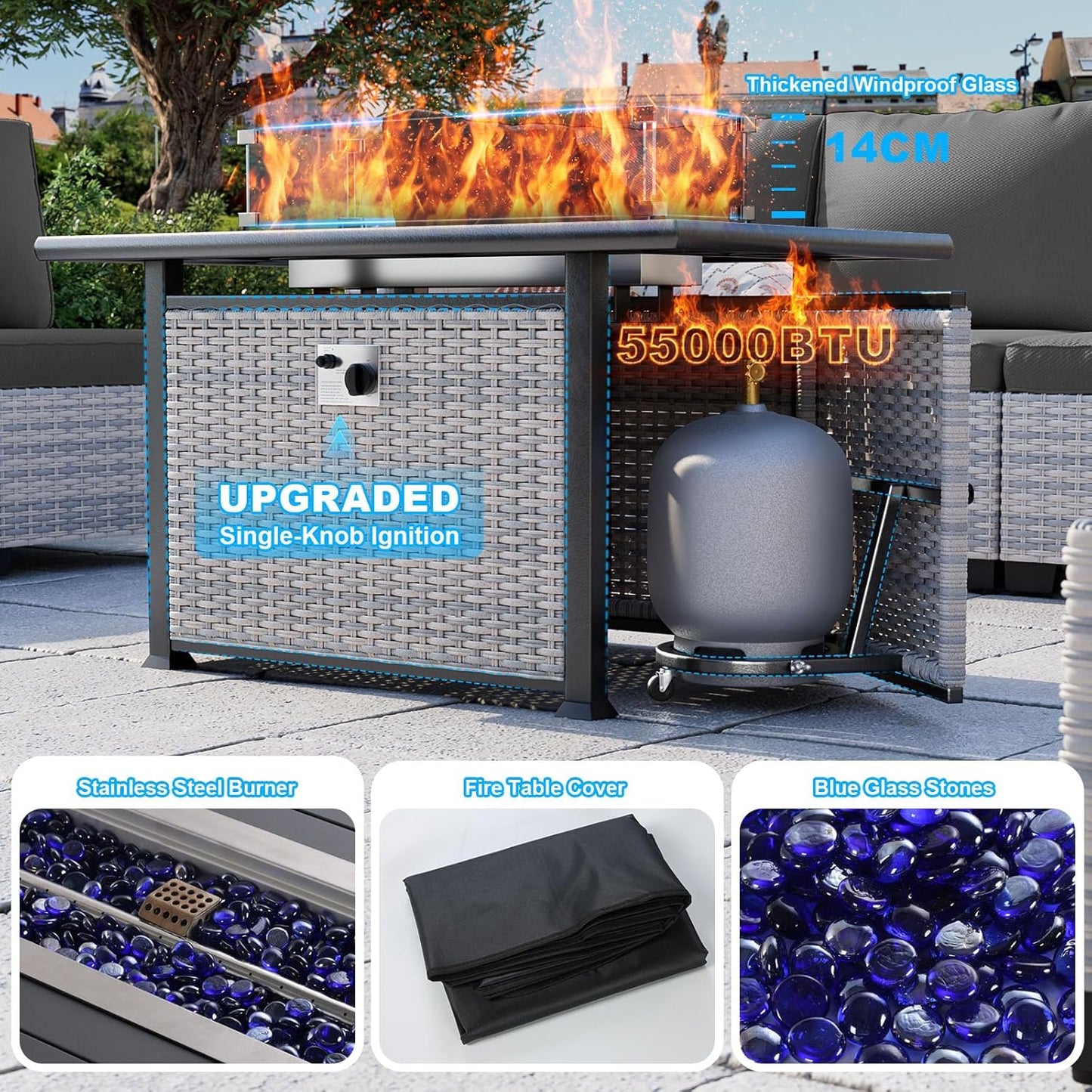 11-Piece Patio Furniture Set, Outdoor Patio Furniture with 55,000 BTU Fire Pit Table, Swivel Chairs Set, Thick Cushions, Modular Patio Sofa, Dual-Strand Wicker Rattan, Rust-Resistant Frame, Black