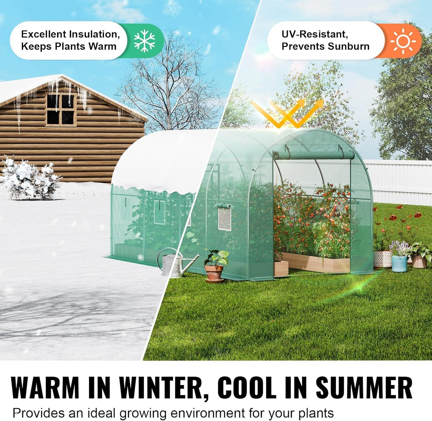 VEVOR Walk-in Tunnel Greenhouse, 9.6x6.4x6.2 ft Hoop House Greenhouse Tunnel, Plant Hot House with Galvanized Steel Frame, Green PE Cover, Roll-up Zipper Door and 6 Windows for Outdoor