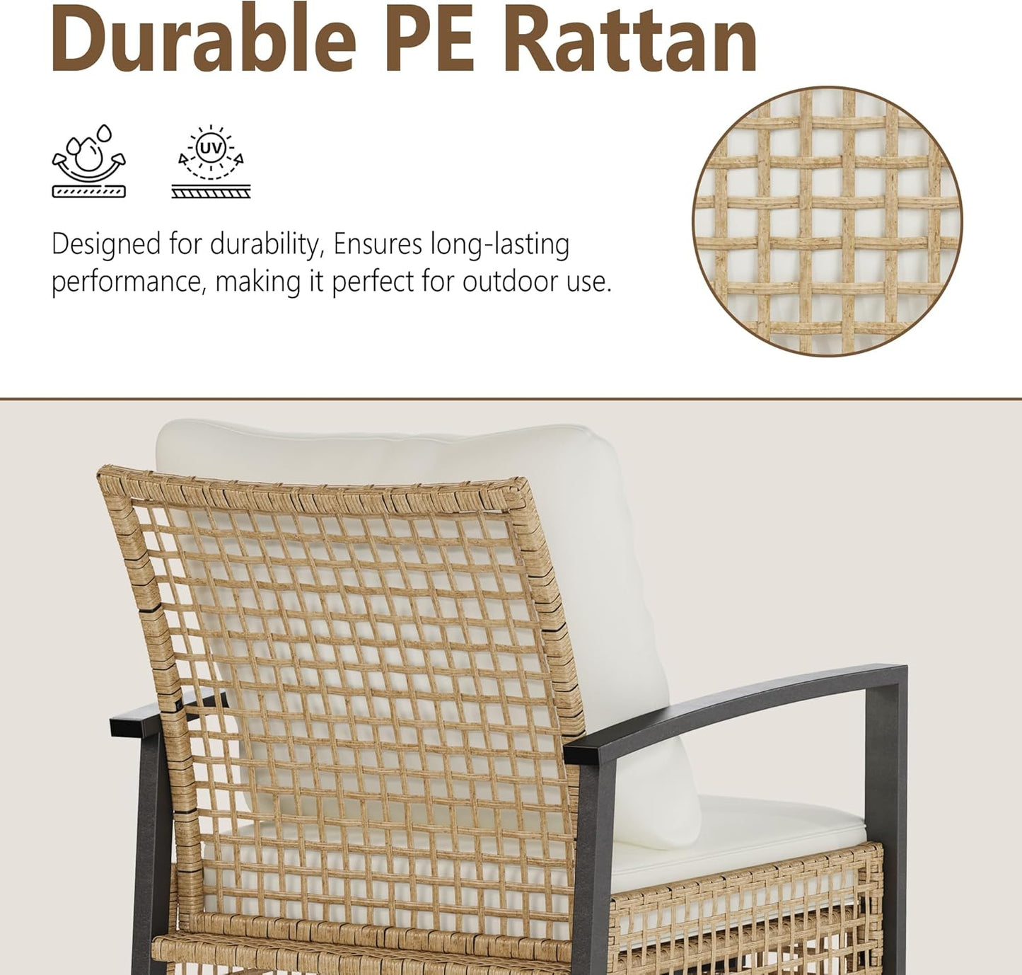 3 Piece outdoor swivel chair set of 2, outdoor swivel patio chairs with Wood-Grain Tabletop Coffee Table and 6" Thick backrest, front porch furniture for Patio, Backyard, Deck, Poolside(Beige)