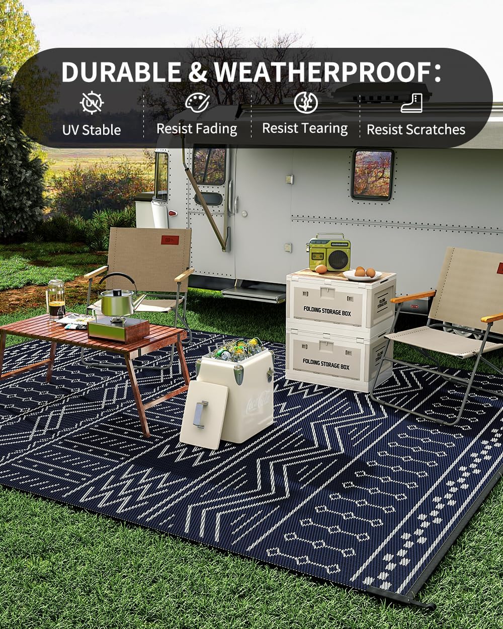 Outdoor Rug Carpet Waterproof 8x10 ft Patio Rug Mat Indoor Outdoor Area Rug for RV Camping Picnic Reversible Lightweight Plastic Straw Outside Rug for Patio Decor Decoration Boho Rug Navy Blue White