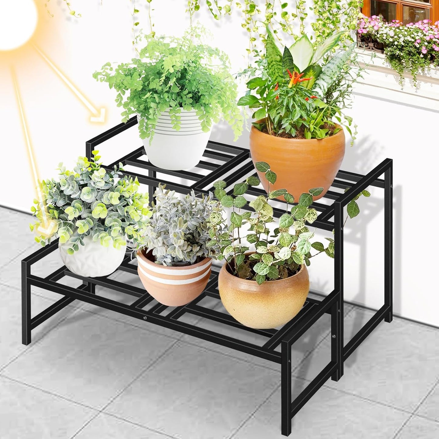 Plant Stand Indoor Outdoor, 2-Tier Wrought Iron Plant Stands, Stackable Metal Plant Shelf Decorative Outdoor Flower Stand Heavy Duty Pedestal Stands for Garden Deck Living Room, Black