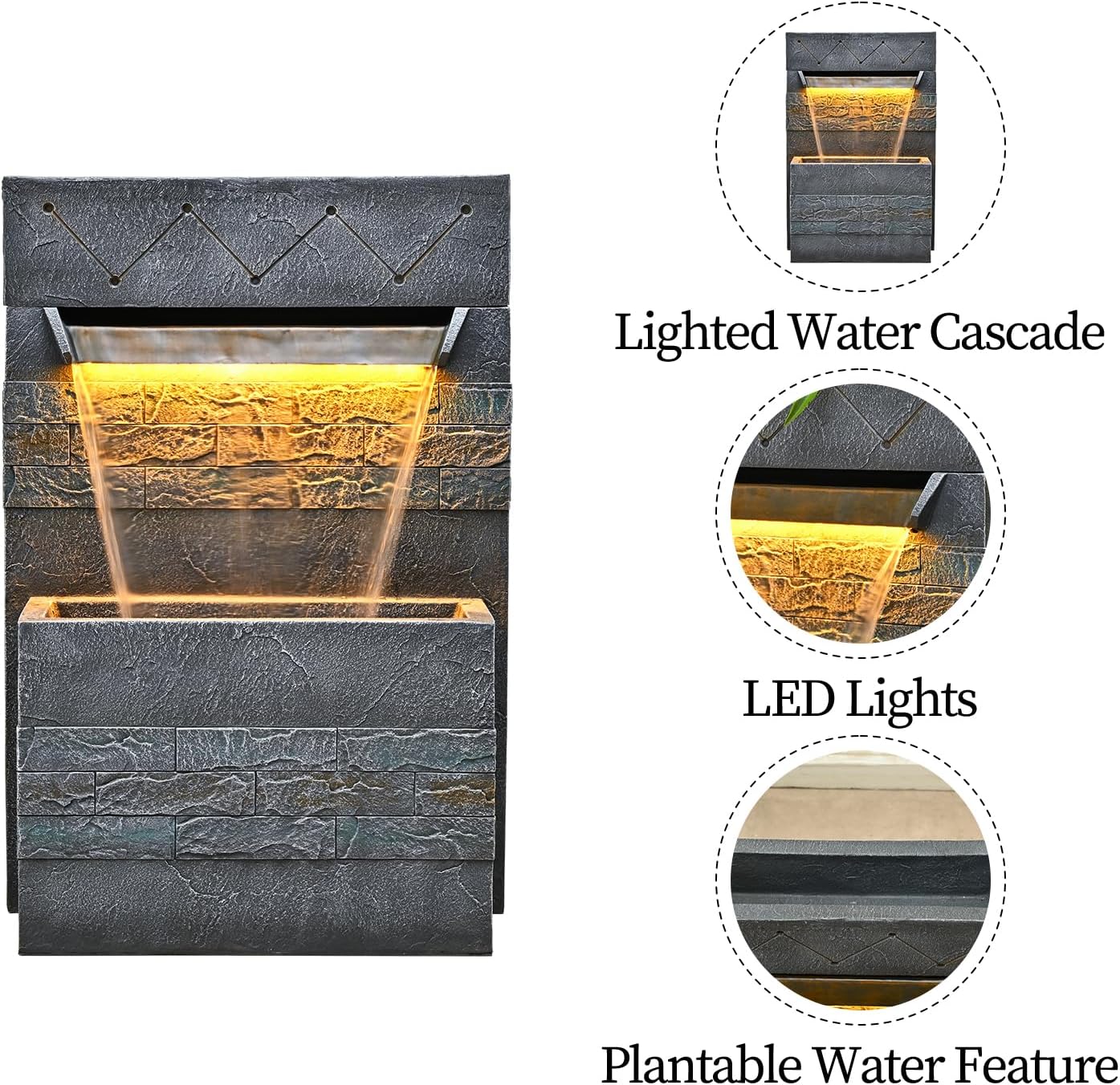 34.65'' Outdoor Garden Cascading Stone Floor-Standing Waterfall Fountain with LED Lights for Patio, Backyard, Deck, Porch and Home Art Decor