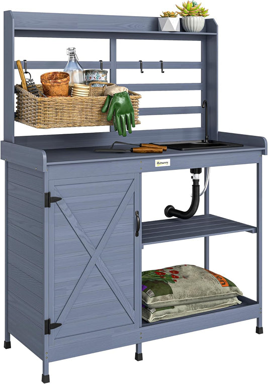 Outsunny Outdoor Wooden Potting Bench Table with Sink and Water Tap, Garden Workstation with Storage Cabinet, Storage Shelves for Backyard, Patio, Balcony, Gray