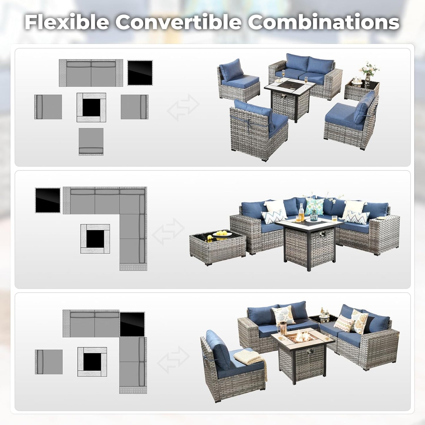 ovios 7 Pieces Patio Furniture Set, Outdoor Wicker Sectional Sofa with 30 Inch Fire Pit Table Comfy Cushions, Modern Modular Deep Seat Rattan Couch Conversation Set, Denim Blue