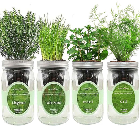 Hydroponic Herb Growing Kit Set, Self-Watering Mason Jar Herb Garden Starter Kit Indoor, Grow 4 Kinds of Herbs from Seeds (Mint,Thyme,Chives&Dill)