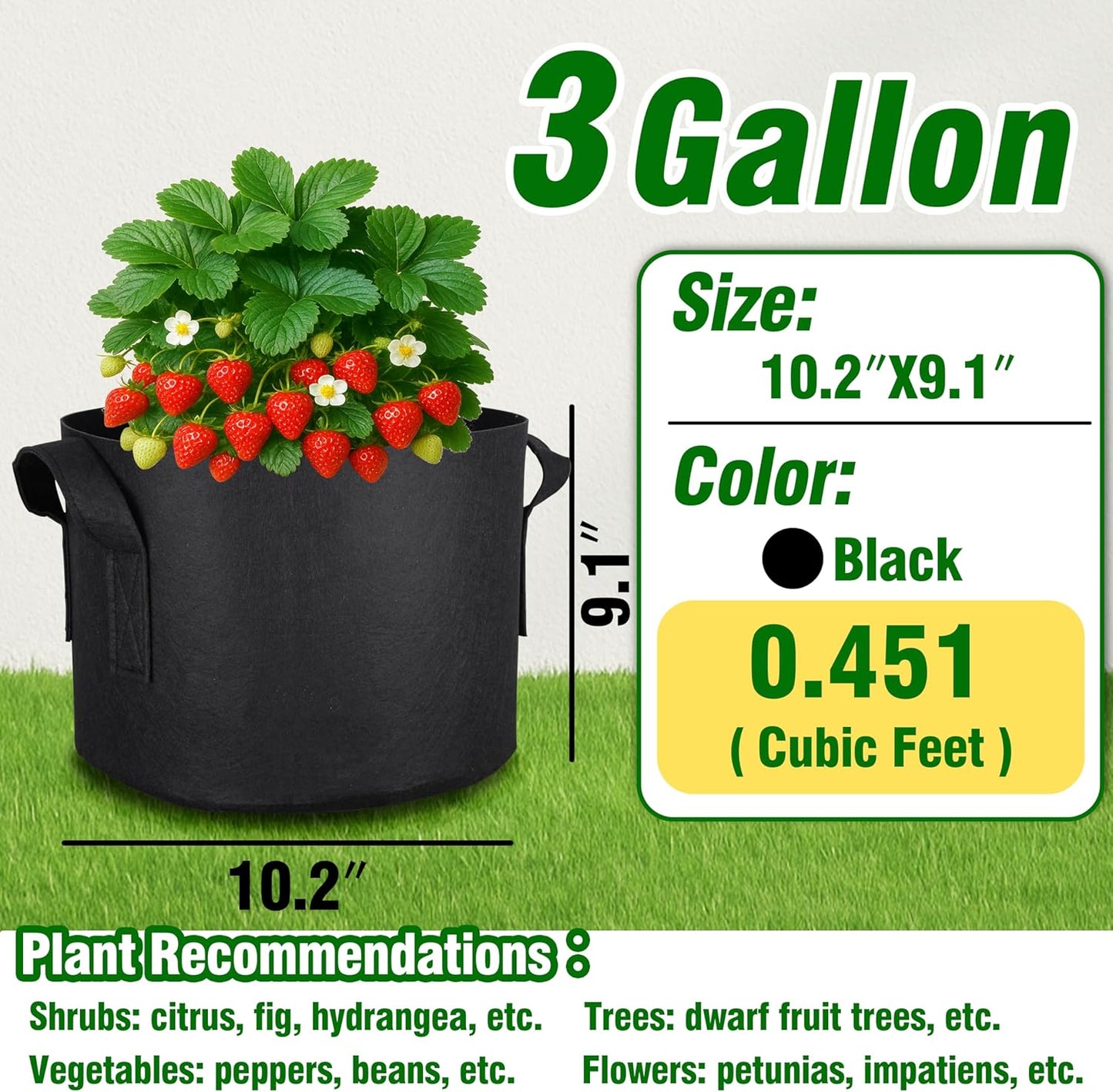 PHYEX 12-Pack 3 Gallon Grow Bags, Heavy Duty Fabric Pots with Handles, Reusable Plant Bags for Vegetable, Herbs & Flowers, BPA-Free, Breathable, Durable