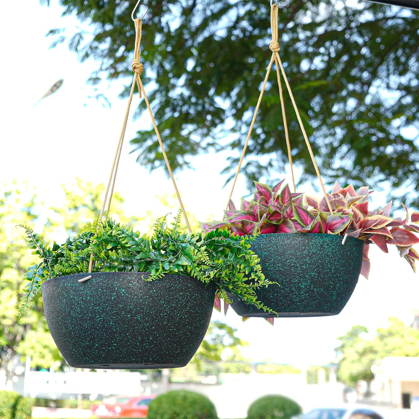 12 Inch 2 Pack Large Hanging Planters for Indoor Outdoor Plants, Plastic Hanging Basket Pots for House Plants Flowers, Black Speckles