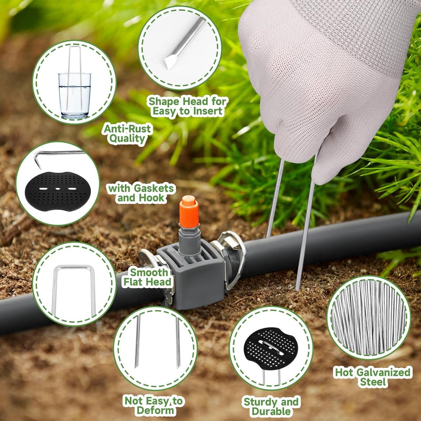 Garden Stakes,6 Inch 11 Gauge 50pcs Galvanized Landscape Staples + 50pcs Gaskets + 1Pick Hook,Tent Stakes Landscaping Fabric SOD Pins for Weed Fabric Barrier,Groud Cover,Fence