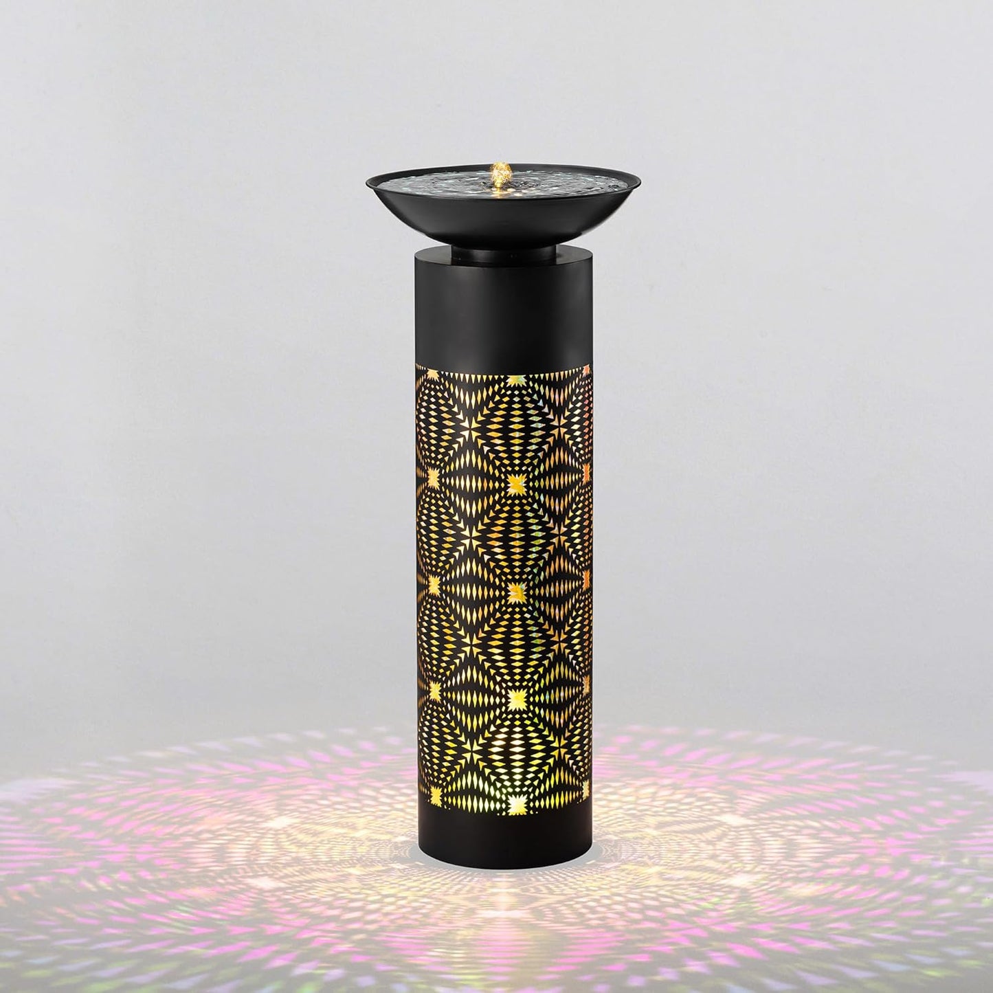 Glitzhome Modern Black Metal Cutout Water Fountain - 36'' Outdoor Bird Bath Fountain with LED Light & Pump - Freestanding Waterfalls Garden Fountains for Patio Backyard Porch Patio Decor