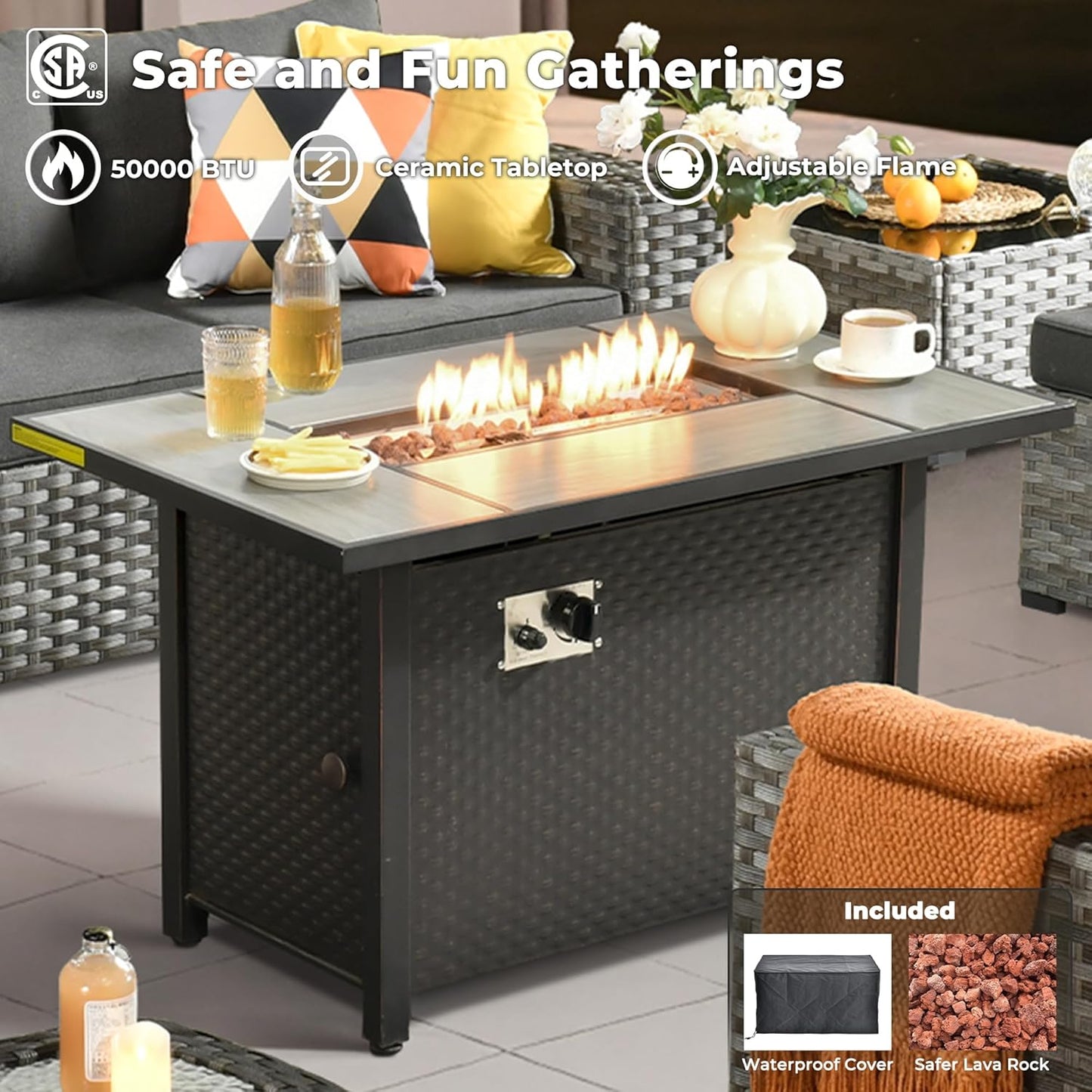 ovios 9 Pieces Patio Furniture Set, Outdoor Wicker Sectional Sofa with 42" Firepit Table Swivel Chair, Modern Modular Deep Seat Rattan Couch Conversation Sets, Black