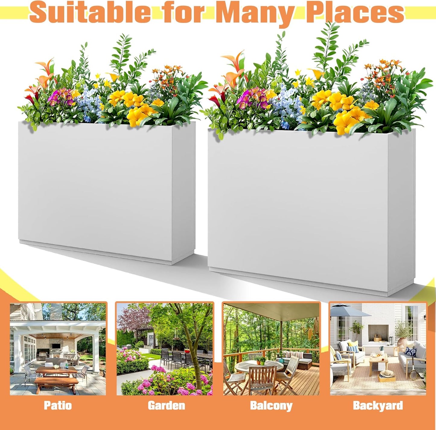 Rectangle Planter for Indoor & Outdoor, Tall and Long Planter Boxes with Drainage Holes, Mental Divider Planter Box All-Weather Use for Plants, Flowers, 35" L x 9" W x 26" H, White