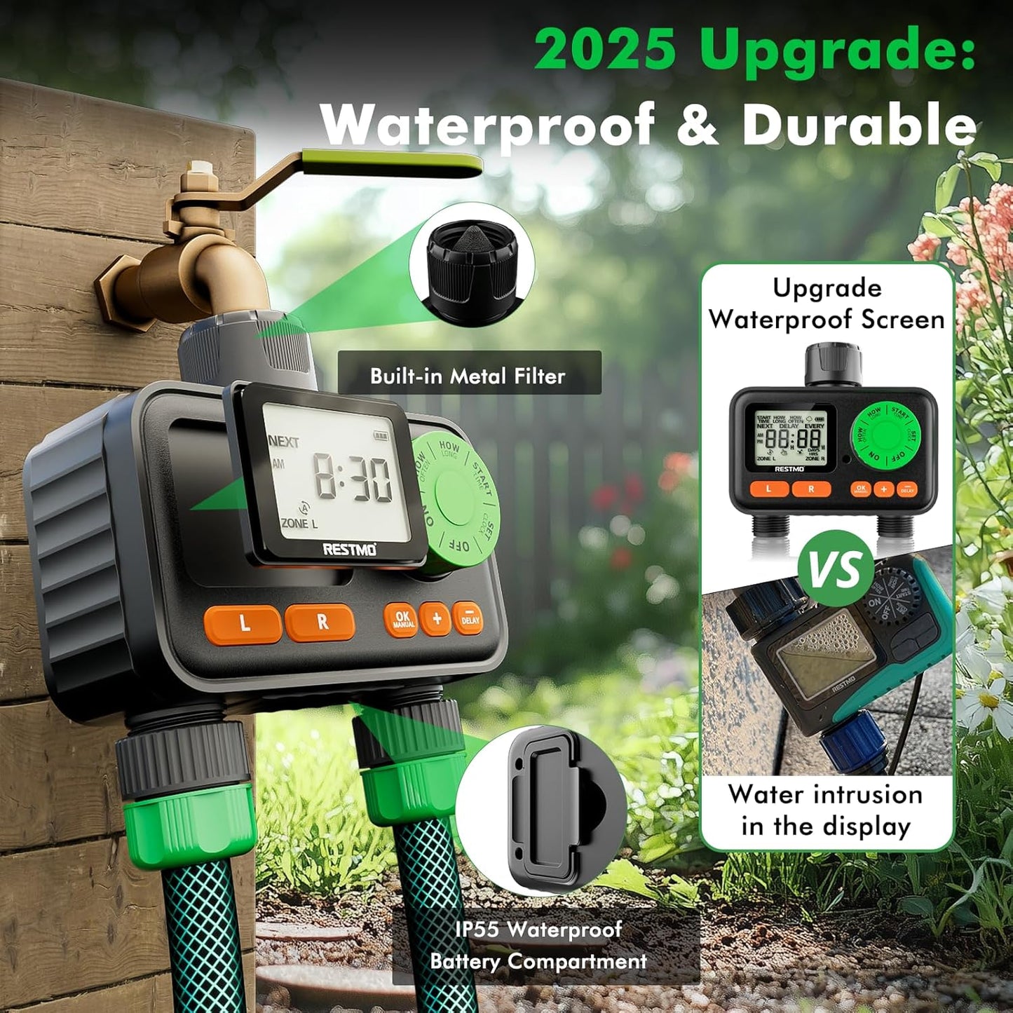 [2 Pack] RESTMO 2 Zone Sprinkler Timer, Programmable Water Timer for Garden Hose, Automatic Digital Control | Manual ON/Off | Rain Delay for Outdoor Faucet, Drip Irrigation and Lawn Watering System