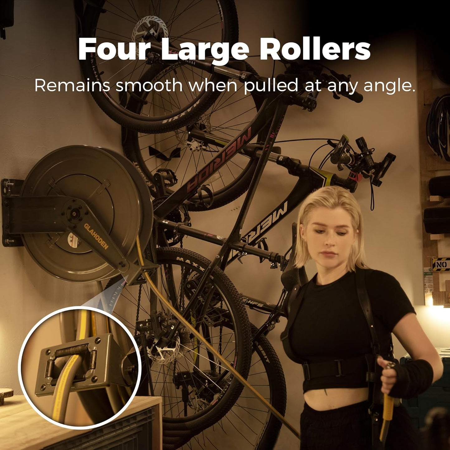 Double Arm Air Hose Reel 50 ft Retractable, 1/2 in Hybrid Hose Heavy Duty Steel Professional Air Compressor Hose Reel with 5 ft Lead in Max 300PSI Auto Rewind Quick Coupler Swivel Fitting