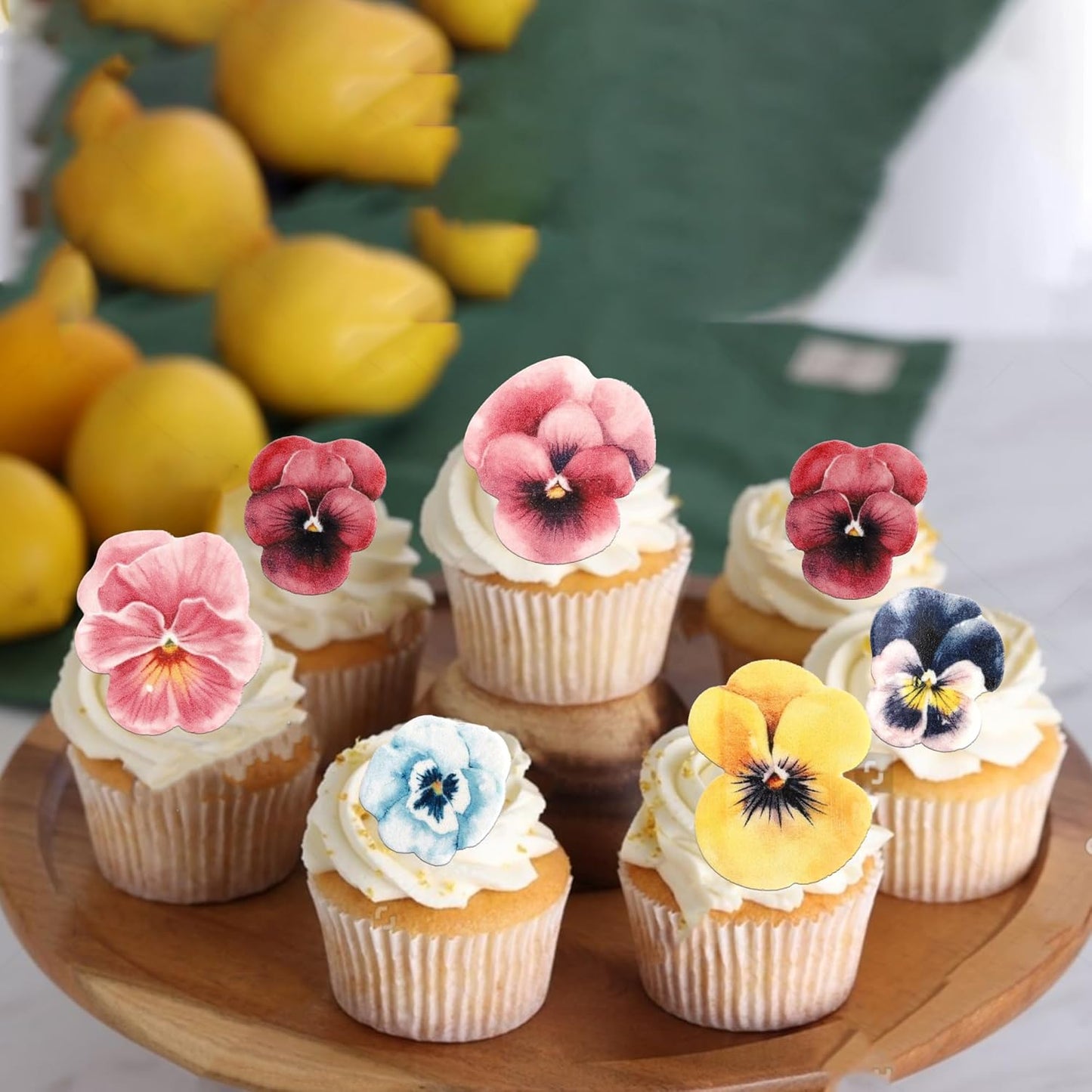 60 PCS Edible Flowers Cake Toppers Wafer Paper Flowers Cupcake Toppers Pansies Wedding Bridal Engagement Edible Flower Cake Decorations for Baby Shower Birthday Party Cake Food Decorations Supplies