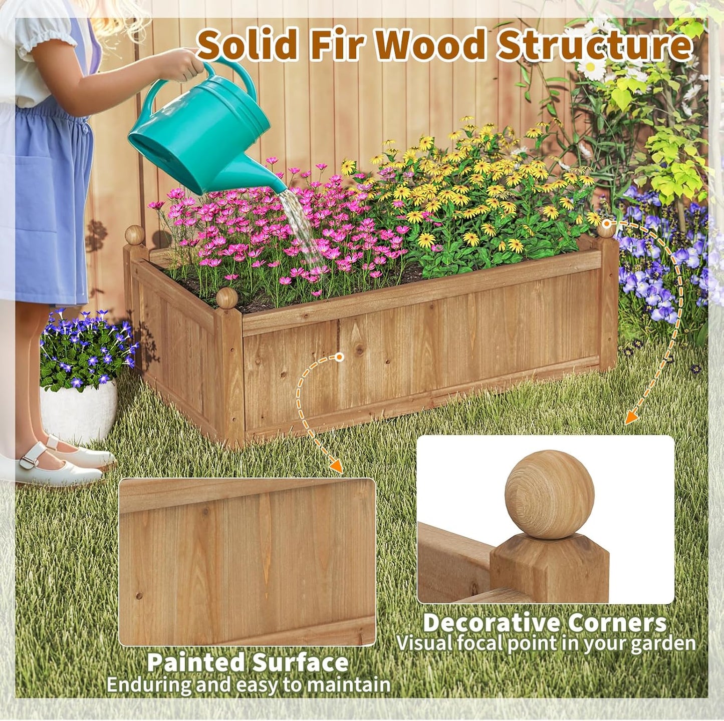 HAPPYGRILL Wood Raised Garden Bed, 46” x 24” x 16” Rectangular Flower Box w/Drainage Holes for Growing Vegetables, Flowers, Herbs, Outdoor Planter Box for Backyard Garden Lawn