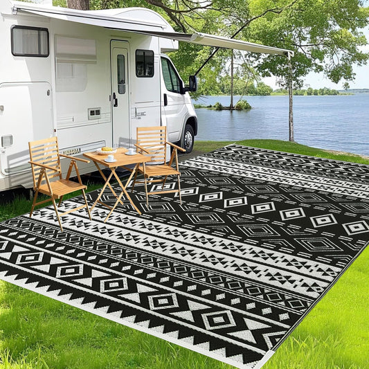 WILDROOTS 9x12 Feet Black and White Plastic Outdoor Rug, Stain Resistant Waterproof Reversible Outdoor Patio Rug, Fade Resistant Camping Rug