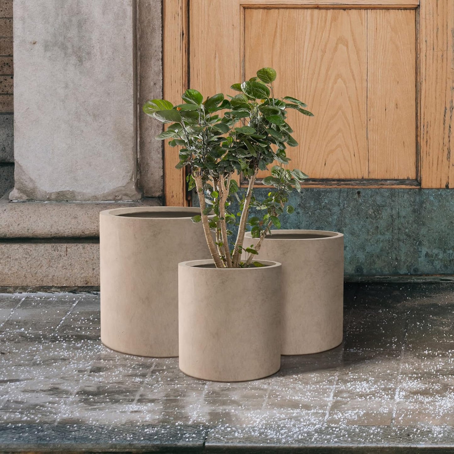 Kante 9.8",12.6",15.7" Dia Round Concrete Planter Set of 3, Modern Style Large Cylindrical Plant Pot with Drainage Hole and Rubber Plug for Indoor Outdoor Patio, Weathered Concrete