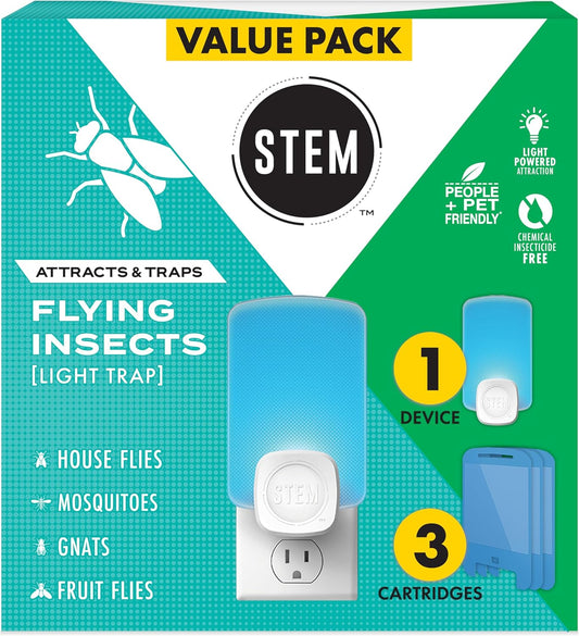 STEM Light Trap: Indoor Fruit Fly Trap, Effective Insect Control for Home, Attracts and Traps Flying Insects, Emits Soft Blue Light, Starter Kit with 1 Plug-in Device and 3 Cartridges
