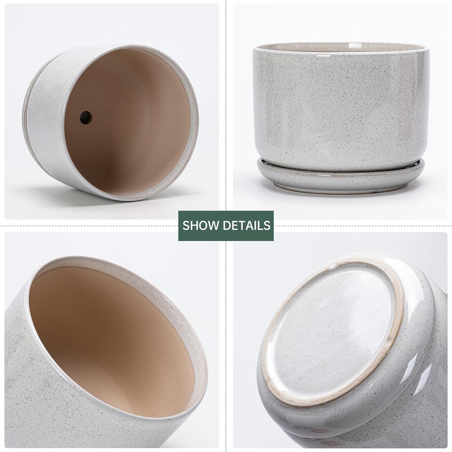 Ton Sin Plant Pots, 4.1+5.1+6.5 inch, Set of 3, Ceramic Planters with Drainage Hole and Saucer, Indoor Flower Pot with Hole Mesh Pad, Gifts for Mom(Reactive Glaze White)