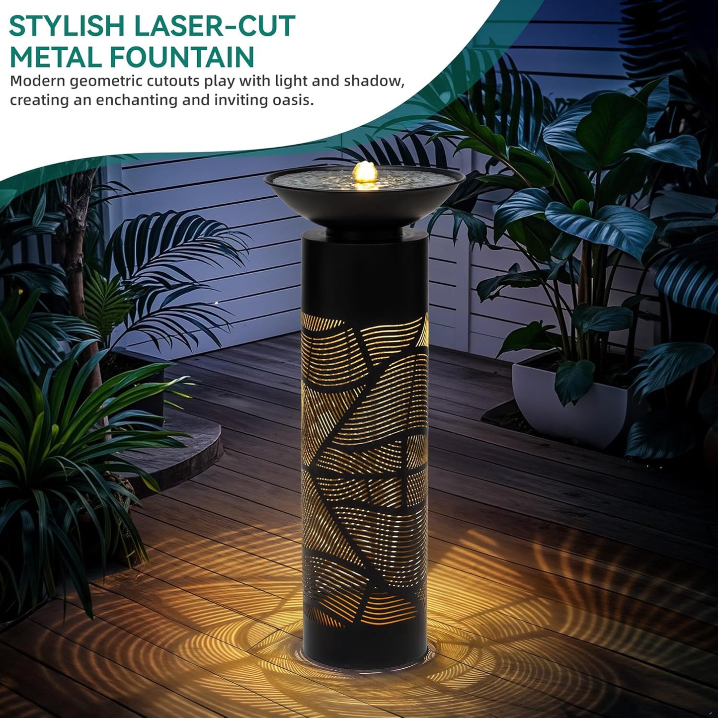 31.5" H Metal Cutout Geometric Patterns Outdoor Water Fountain with LED Lights, 2-Tier Modern Pedestal Waterfall Fountains, Ideal for Garden, Yard, Patio Décor