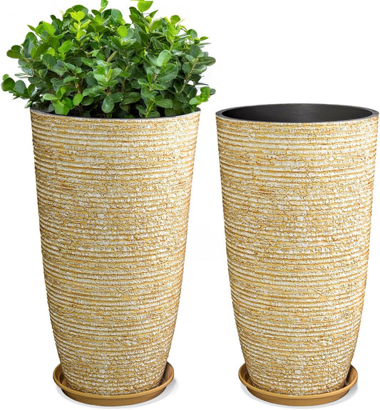 QCQHDU 9 Gallon Tall Large planters for Outdoor/Indoor Plants of 12" Dia x 21" H Round Flower Pots Set Faux Stone Finish Front Door Patio Square Porch Planters with Tray, Beige