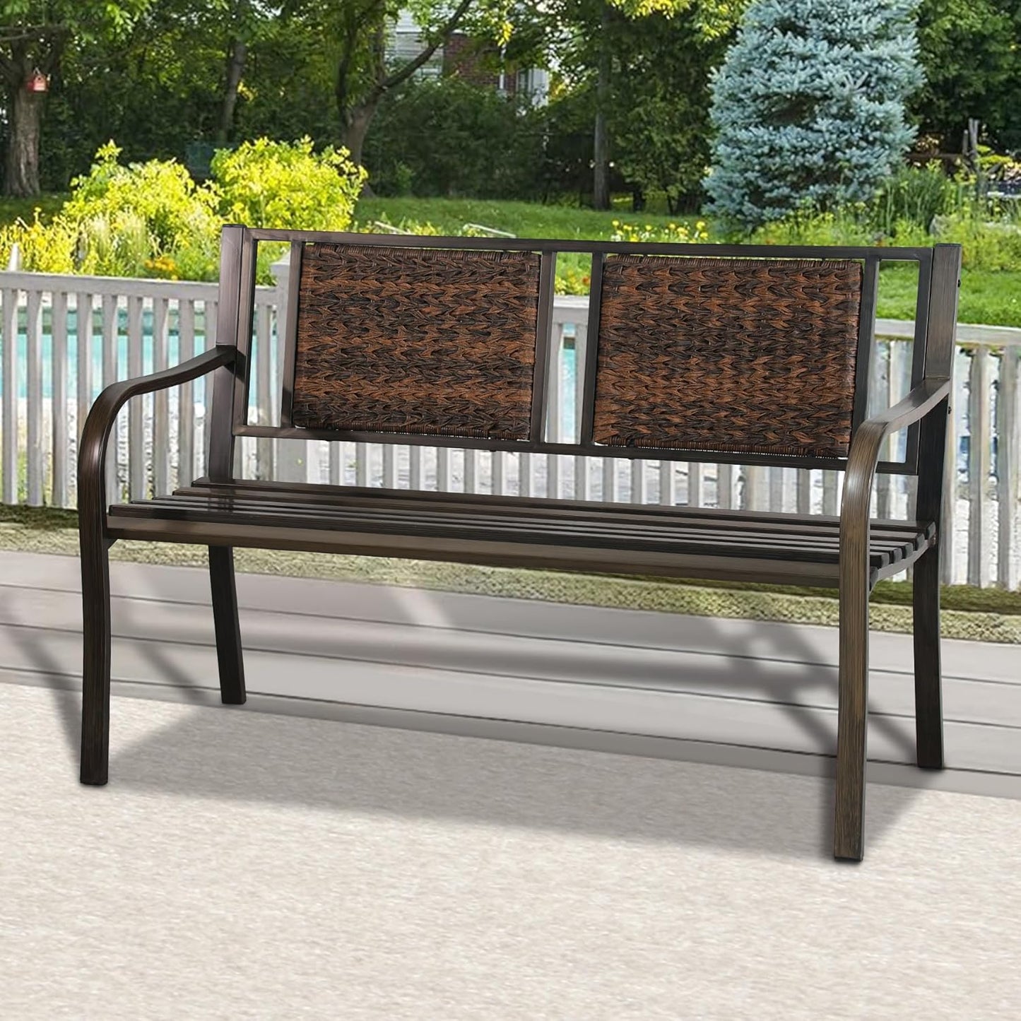 YLGJ&TIDY 50" Outdoor Bench, Metal Garden Bench, Patio Park Bench with Backrest & Armrests, Rust-Resistant, Perfect for Gardens, Parks, Porch, Lawn and Yard (Country Rustic)